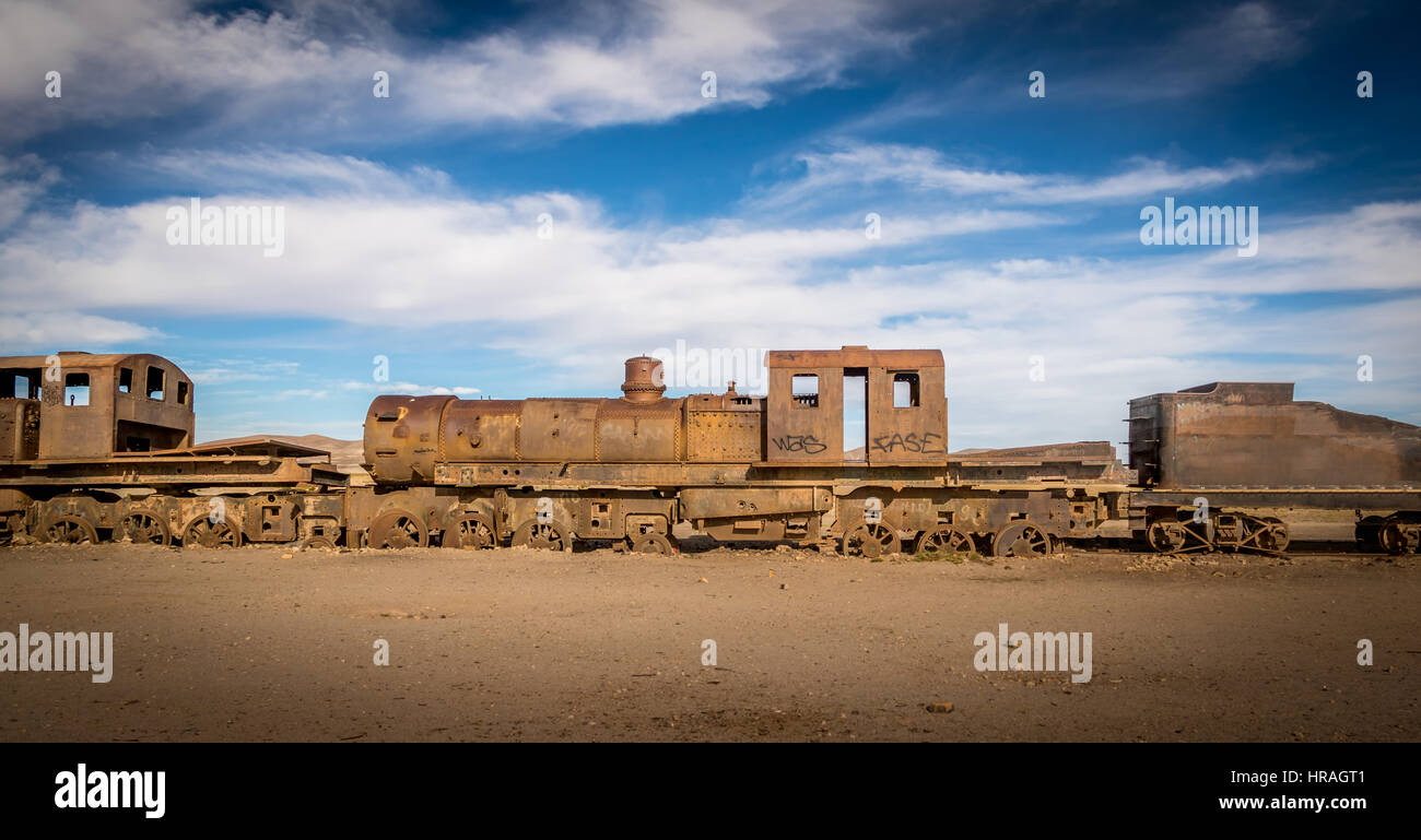 Abandoned rusty old train in train cemetery, Bolivia Stock Photo