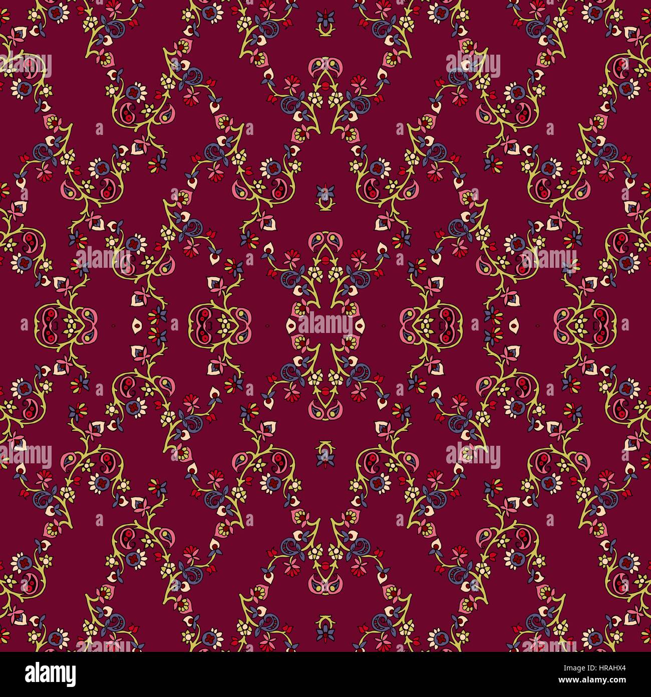 Kaleidoscope abstract geometric seamless paisley pattern. Traditional oriental ornament with blossom branches, on a burgundy red background. Textile d Stock Vector