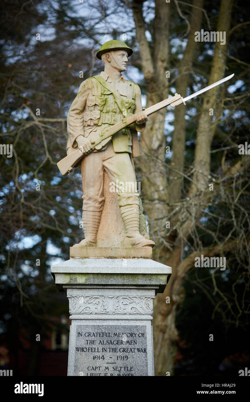 Depictions  uniformed soldier with a bayonet rifle  Alsager War Memorial monument built following the First World War in Cheshire East, England, UK. Stock Photo