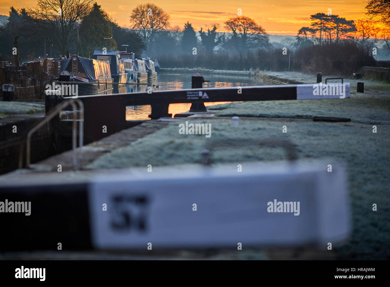 Winter sunrise Lock 57 Moorings waterway Trent and Mersey Canal in