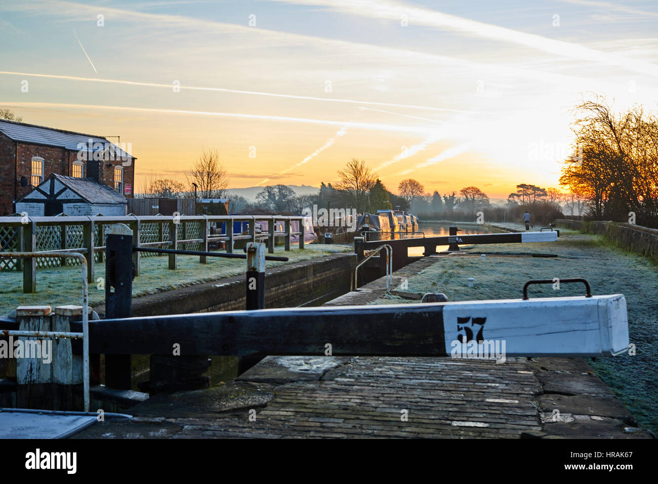 Winter Sunrise Lock 57 Moorings Waterway Trent And Mersey Canal In winter-sunrise-lock-57-moorings-waterway-trent-and-mersey-canal-in