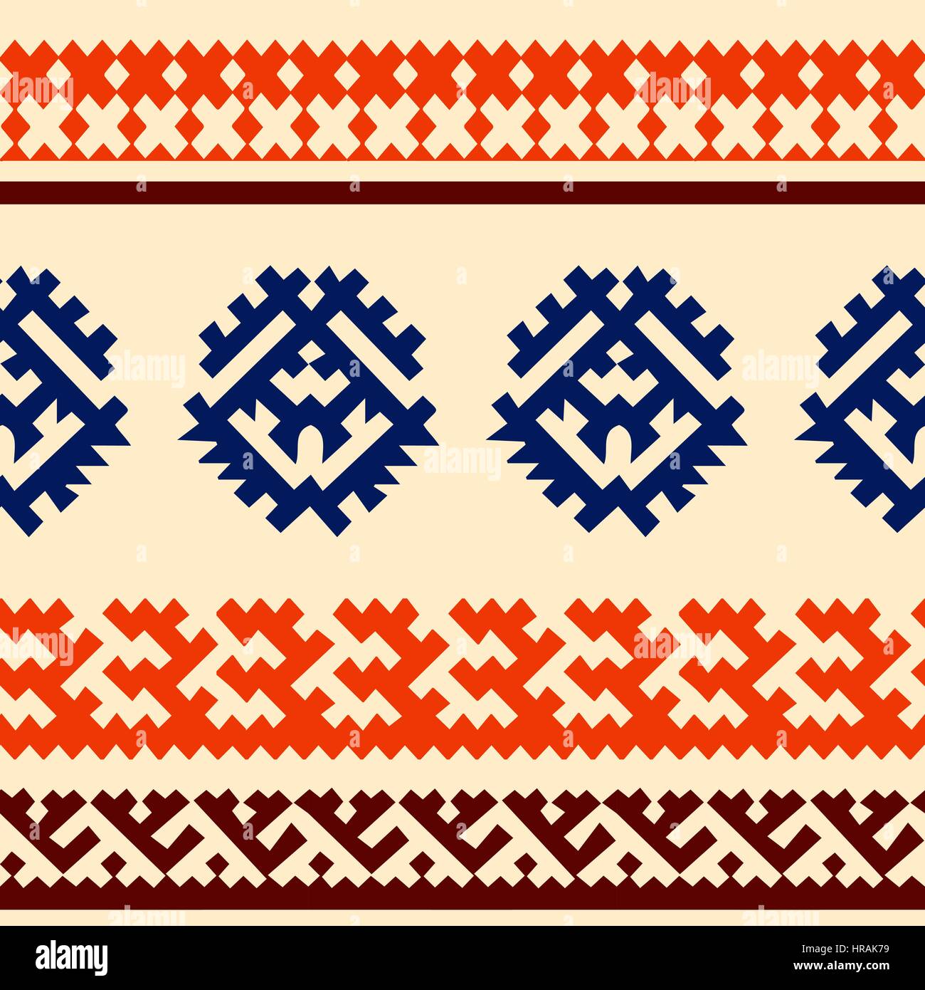 Tribal seamless pattern. Siberian folk geometric print with ornamental motifs of khanty people in their authentic colors blue, orange and brown on a e Stock Vector