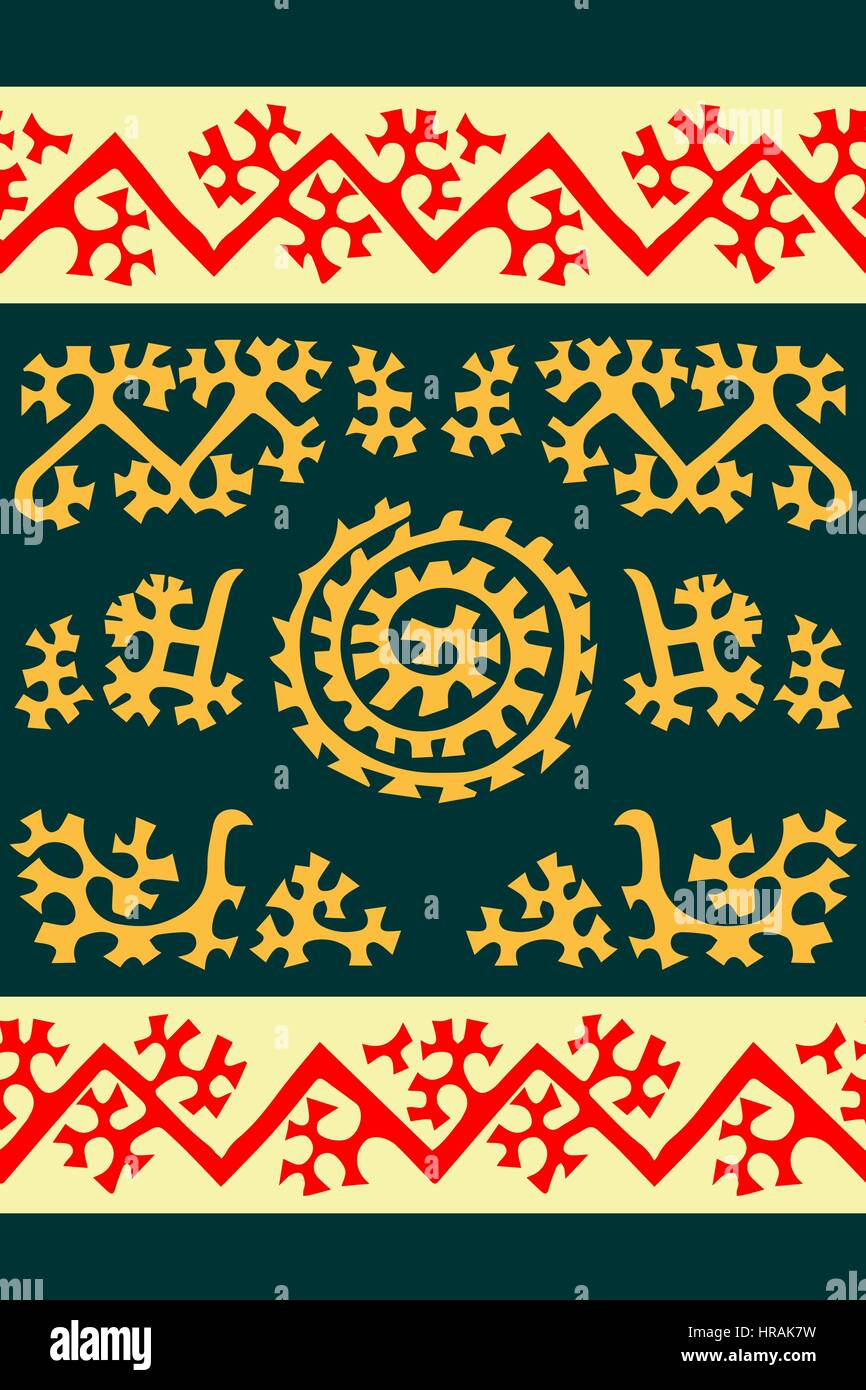 Tribal seamless pattern. Siberian folk geometric print with ornamental motifs of mansi people in their authentic colors red, golden and yellow on emer Stock Vector