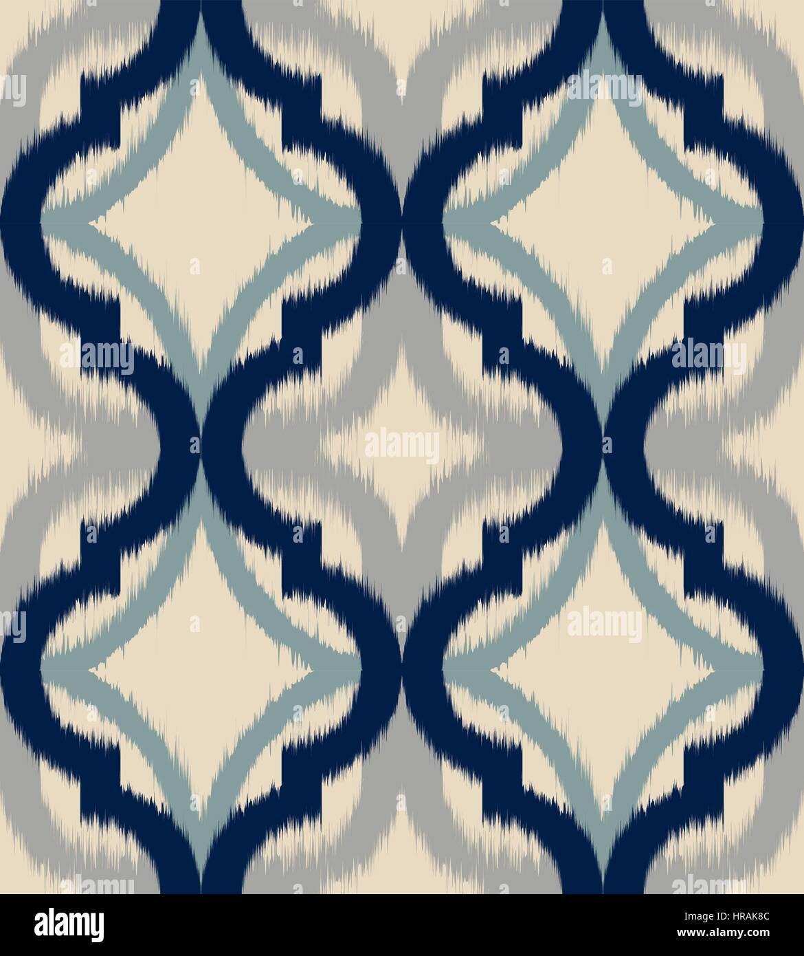 Traditional block printed ornament. Seamless floral pattern, handmade Russian folk motif with clover and blocks in navy blue and ecru. Textile print. Stock Vector