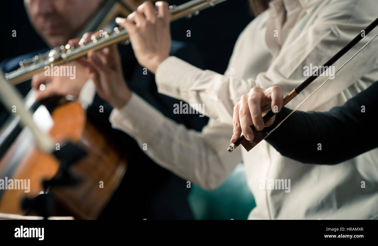 Elegant violin players, hands close-up and orchestra on background. Stock Photo