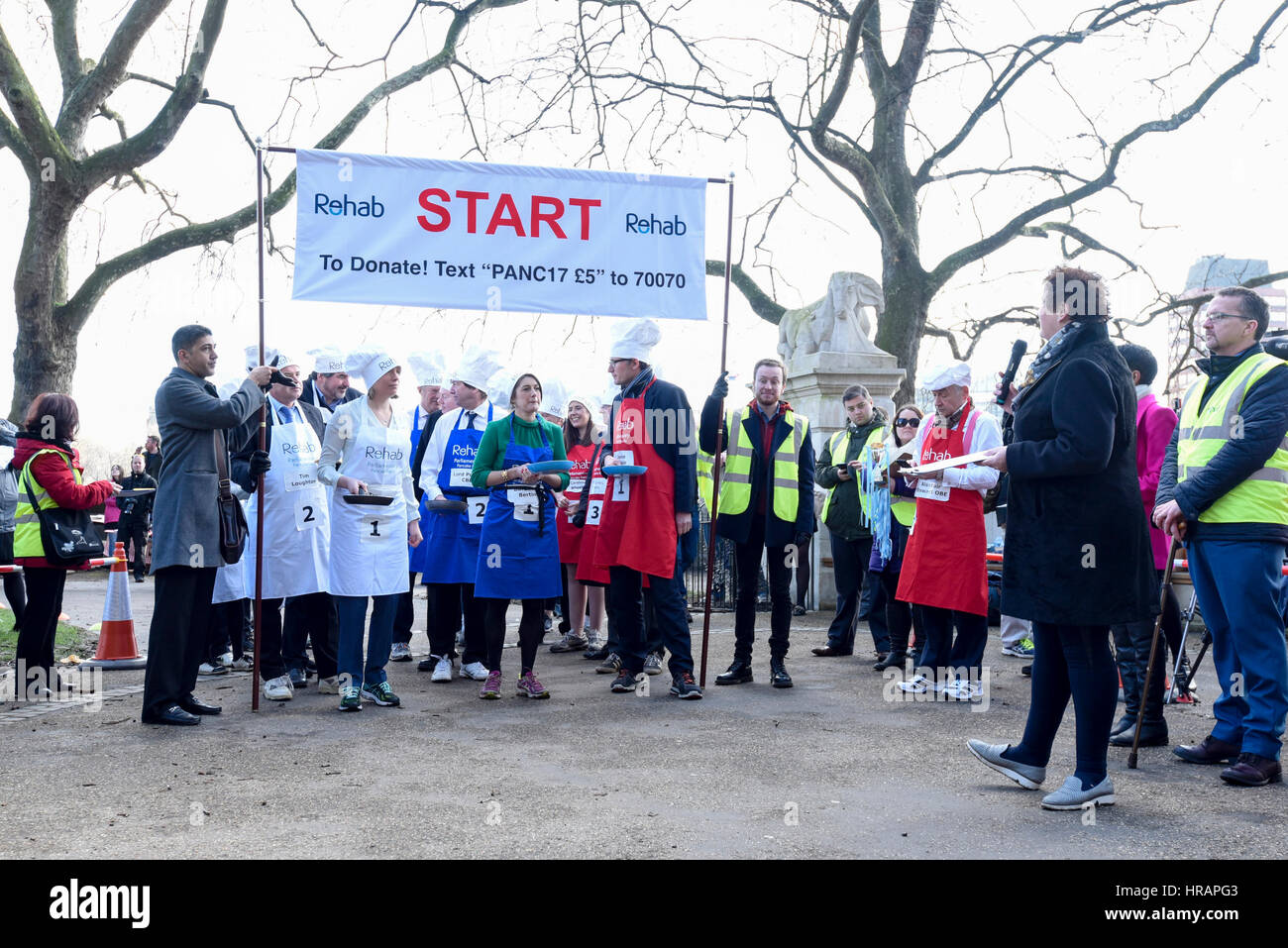 London, UK. 28th Feb, 2017. Start line. Members of the House of Lords, Houses of Parliament and the political media take part in the annual Shrove Tuesday Pancake Race near Westminster. Credit: Stephen Chung/Alamy Live News Stock Photo
