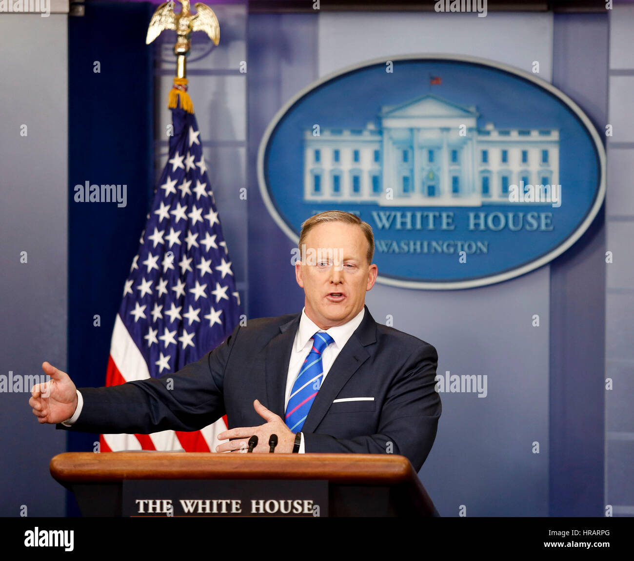 Washington, Us. 27th Feb, 2017. White House Press Secretary Sean Spicer holds his daily press briefing in the James S. Brady Press Briefing Room at the White House, Washington, DC, February 27, 2017. Credit: Aude Guerrucci/Pool via CNP - NO WIRE SERVICE- Photo: Aude Guerrucci/Consolidated News Photos/Aude Guerrucci - Pool via CNP/dpa/Alamy Live News Stock Photo