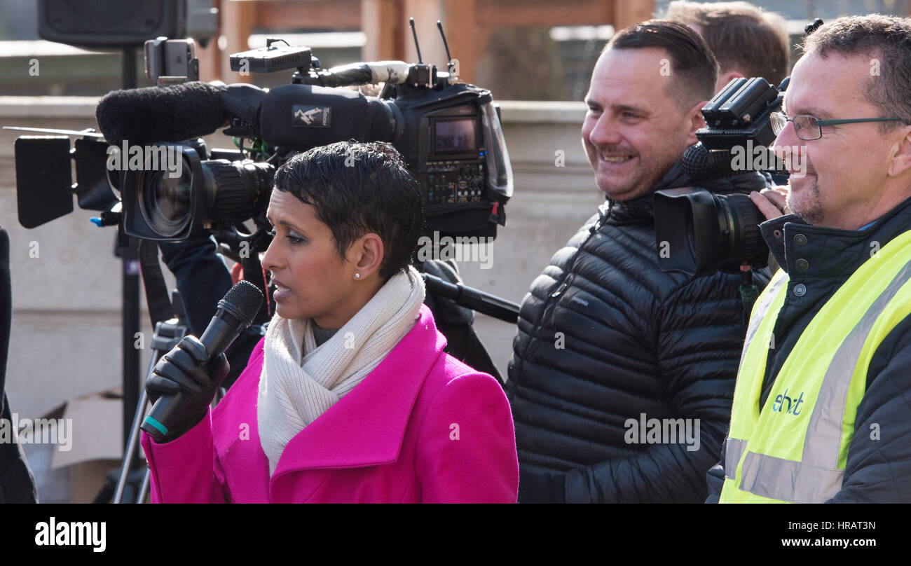 London, UK. 28th Feb, 2017. Naga Munchetty prepares to start the Rehab Parliamentary Pancake race Credit: Ian Davidson/Alamy Live News Stock Photo