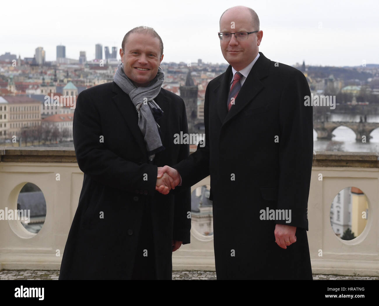 Prague, Czech Republic. 28th Feb, 2017. Czech Prime Minister Bohuslav Sobotka, right, meets his Maltese counterpart Joseph Muscat at Kramar villa, Prague, Czech Republic, on Tuesday, February 28, 2017. Credit: Katerina Sulova/CTK Photo/Alamy Live News Stock Photo