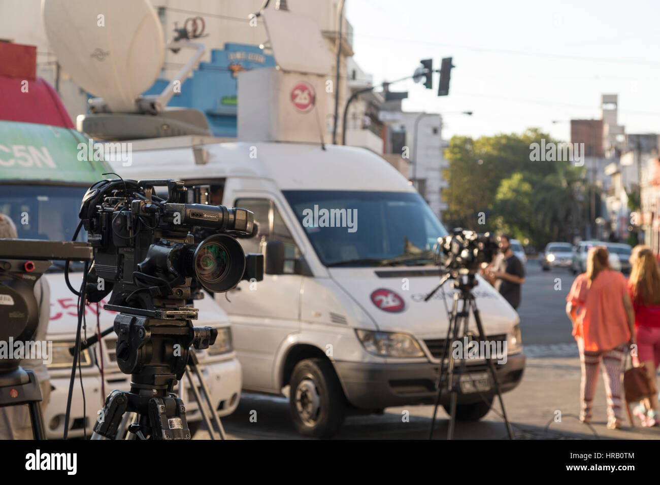 La Plata, Argentina. 28th Feb, 2017. Mass media trucks and cameras waiting for the press conference. Credit: Federico Julien/Alamy Live News Stock Photo