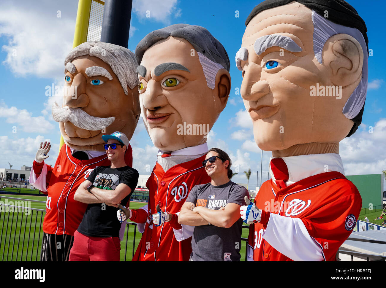 Florida, USA. 28th Feb, 2017. Fans pose with the racing President mascots during the opening Spring Training game for the Washington Nationals and Houston Astros at the Ballpark of the Palm Beaches in West Palm Beach on February 28, 2017. Credit: Richard Graulich/The Palm Beach Post/ZUMA Wire/Alamy Live News Stock Photo