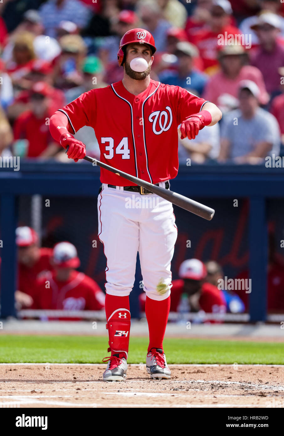 Florida, USA. 28th Feb, 2017. Bryce Harper steps away from the