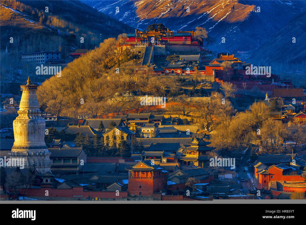 Xinzh, Xinzh, China. 25th Feb, 2017. Xinzhou, CHINA-February 25 2017: (EDITORIAL USE ONLY. CHINA OUT) .Mount Wutai, also known as Wutai Mountain or Qingliang Shan, is a Buddhist sacred site located at the headwaters of river Qingshui, in north China's Shanxi Province, surrounded by a cluster of flat-topped peaks (North, South, East, West, and Central). The North peak, called Beitai Ding or Yedou Feng, is the highest (3,061 m) of these, and is also the highest point in northern China. As host to over 53 sacred monasteries, Mount Wutai is home to many of China's most important monasteries Stock Photo