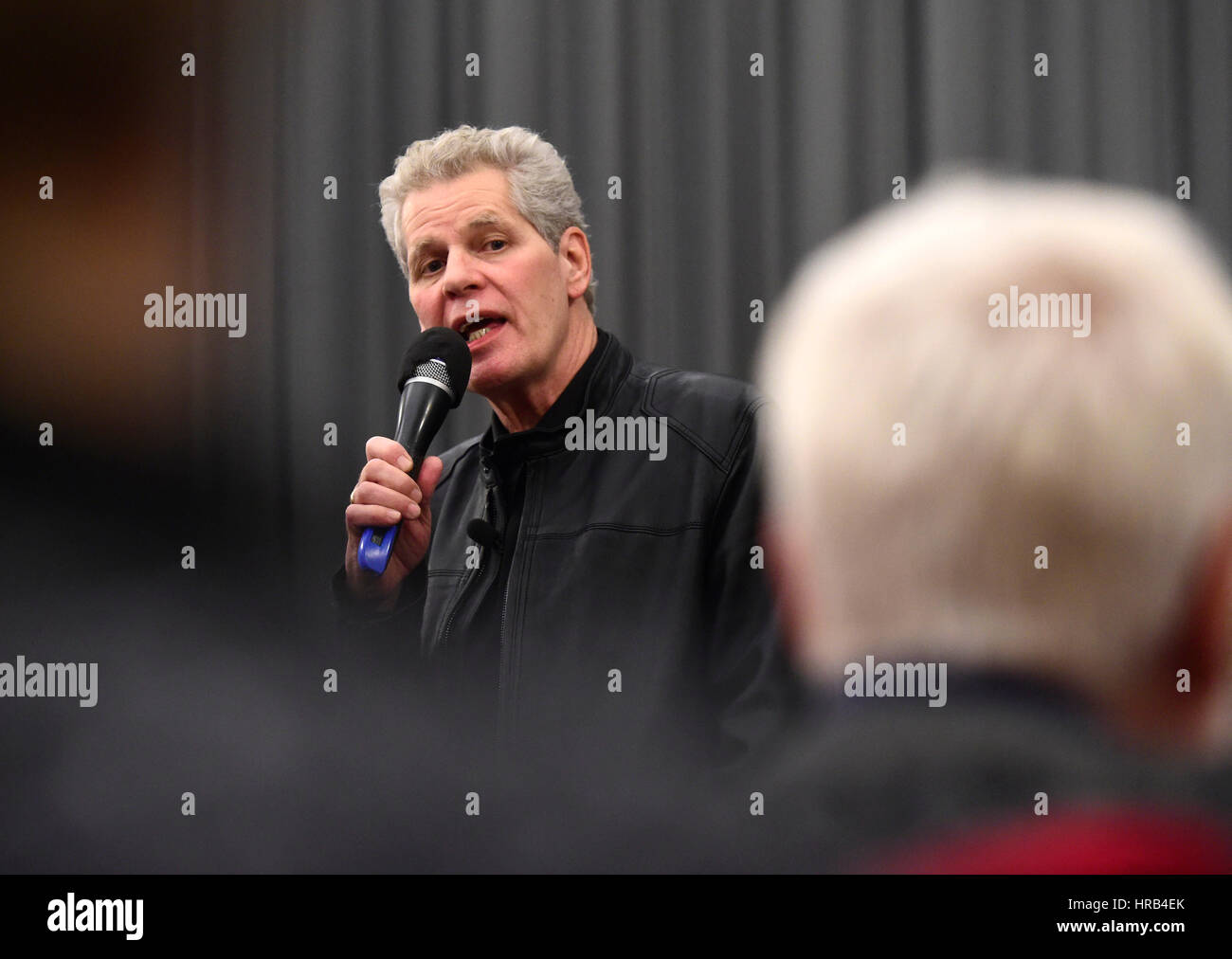 Prague, Czech Republic. 28th Feb, 2017. US filmmaker and journalist Jack Baxter speaks after the Blues By The Beach movie projection within the Mene Tekel festival against totalitarianism in Prague's Ponrepo Cinema, Czech Republic, on Tuesday, February 28, 2017. Credit: Roman Vondrous/CTK Photo/Alamy Live News Stock Photo