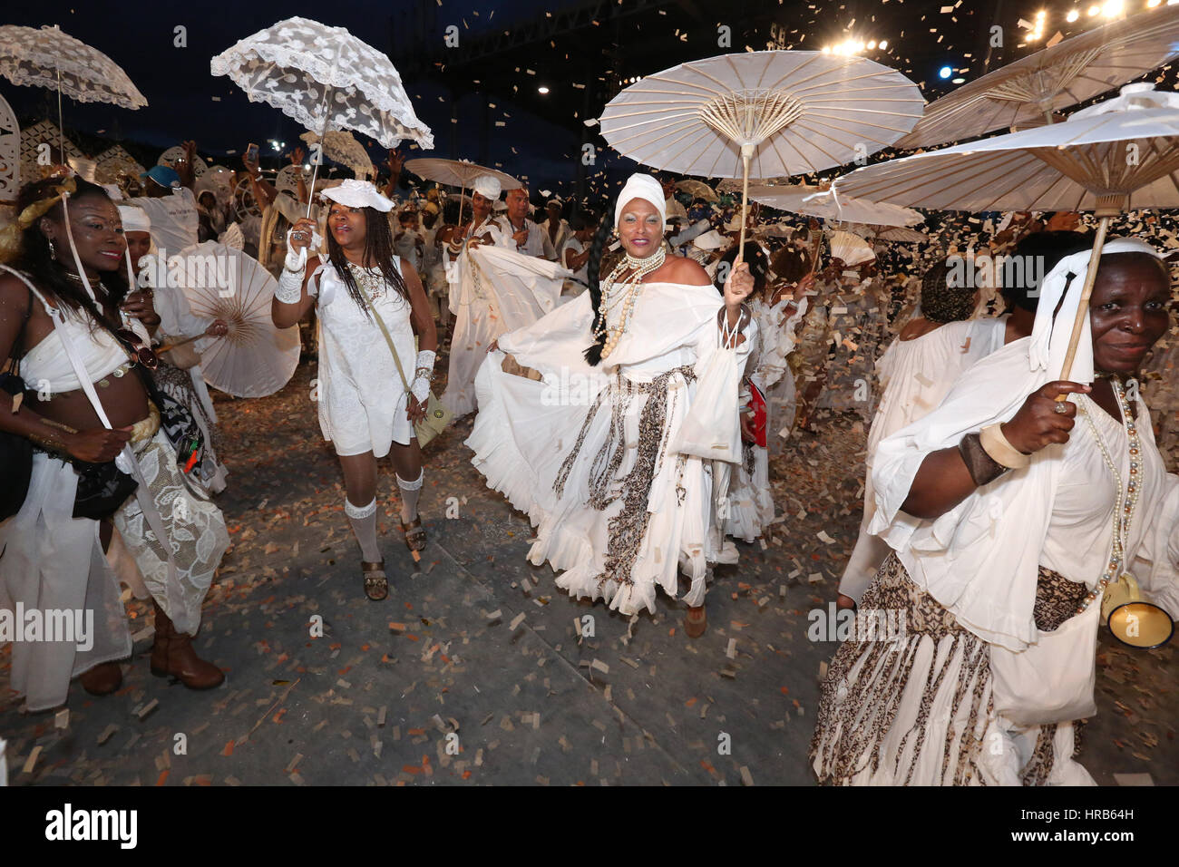Port of Spain, Trinidad. 28th February, 2017. Masqueraders with MacFarlane Mas present 'Cazabon - The Art of Living'  in the Queen's Park Savannah during Trinidad Carnival on February 28, 2017 in Port of Spain, Trinidad.  (Photo by Sean Drakes/Alamy Live News) Stock Photo