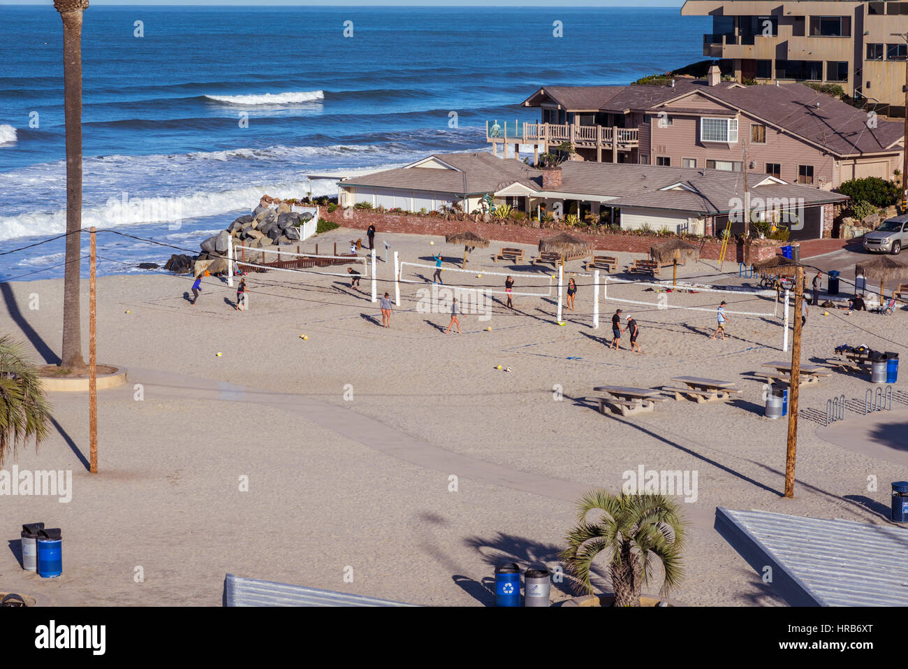 Looking down on the beach volleyball courts at Moonlight State Beach in Encinitas, California. Stock Photo