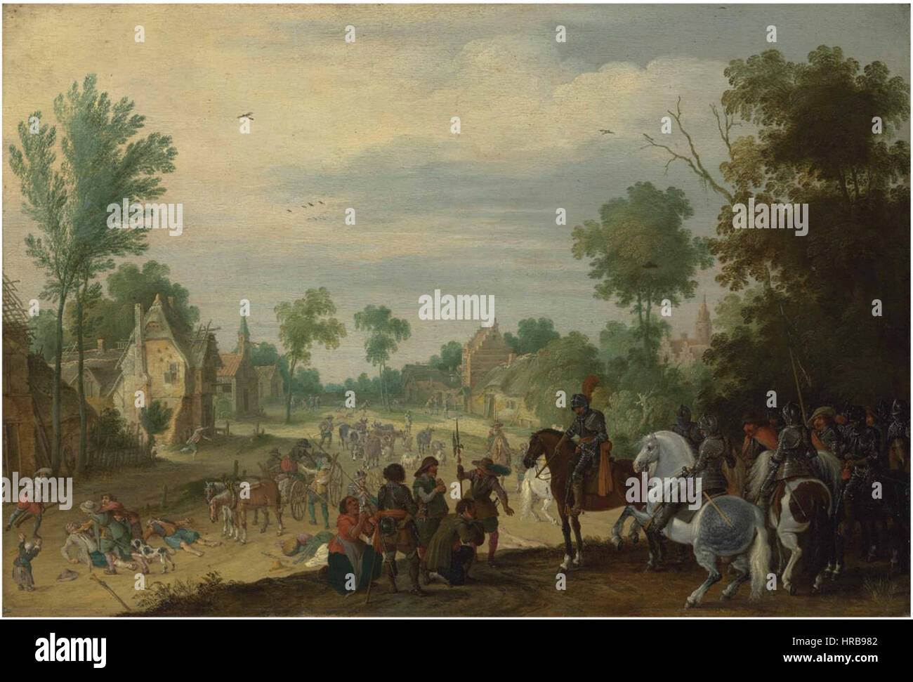 Sebastiaen Vrancx Soldiers on horseback plundering a village Stock