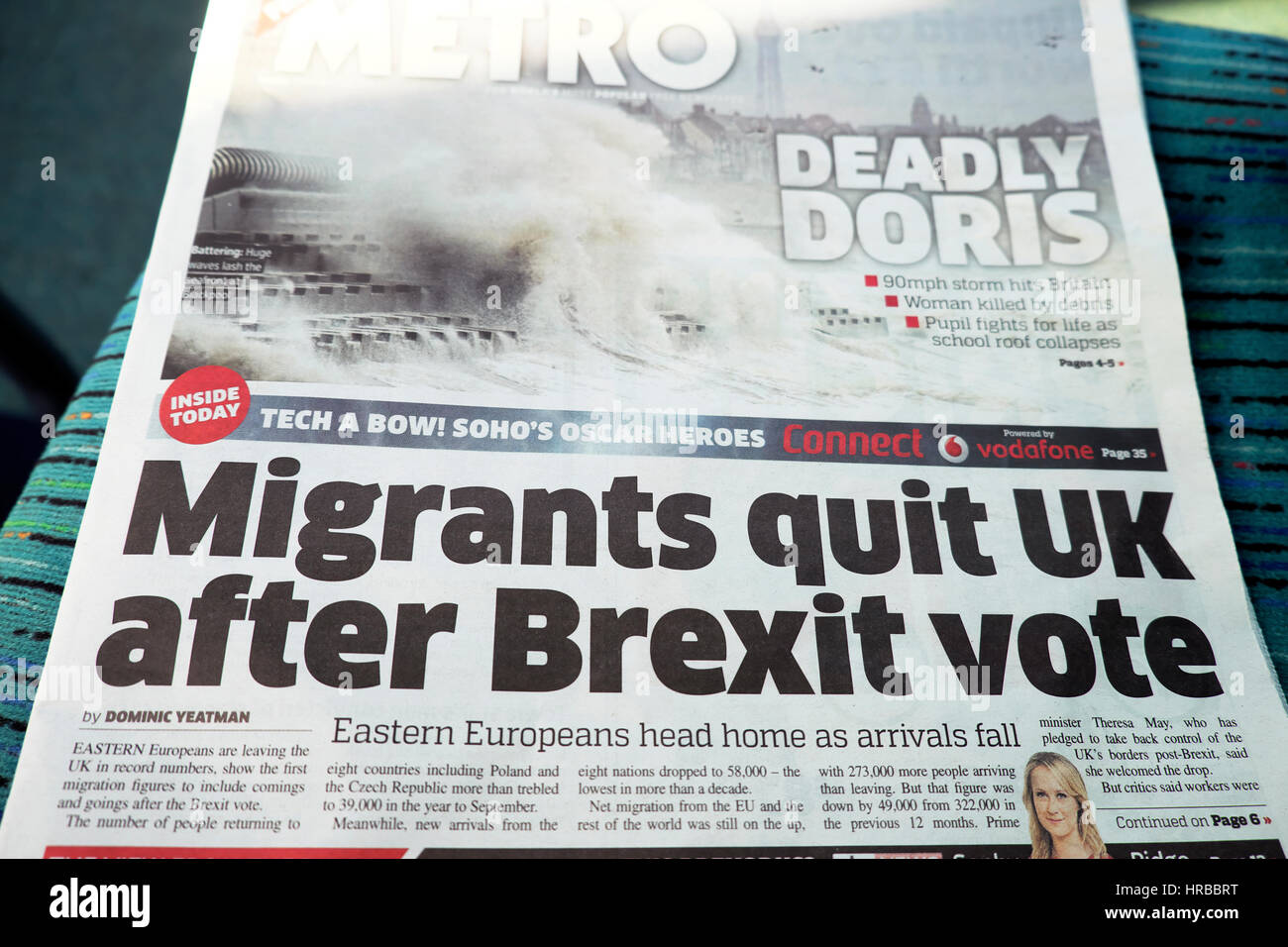 'Migrants quit UK after Brexit vote'  migrant crisis 24th February 2017 Metro newspaper headline, London UK Stock Photo
