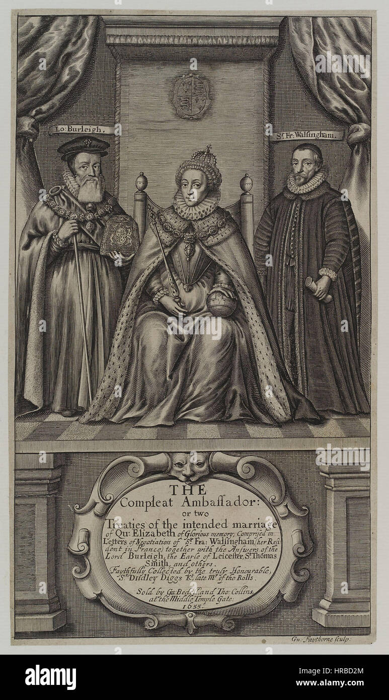 Queen Elizabeth I; Sir Francis Walsingham; William Cecil, 1st Baron Burghley by William Faithorne Stock Photo