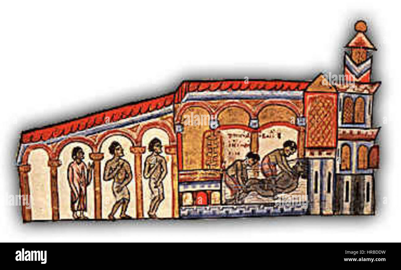 Romanos III Argyros -severely ill- dies inside the palace in 1034 In the picture, Romanos in a bath where he dies from the Chronicle of John Skylitzes Stock Photo