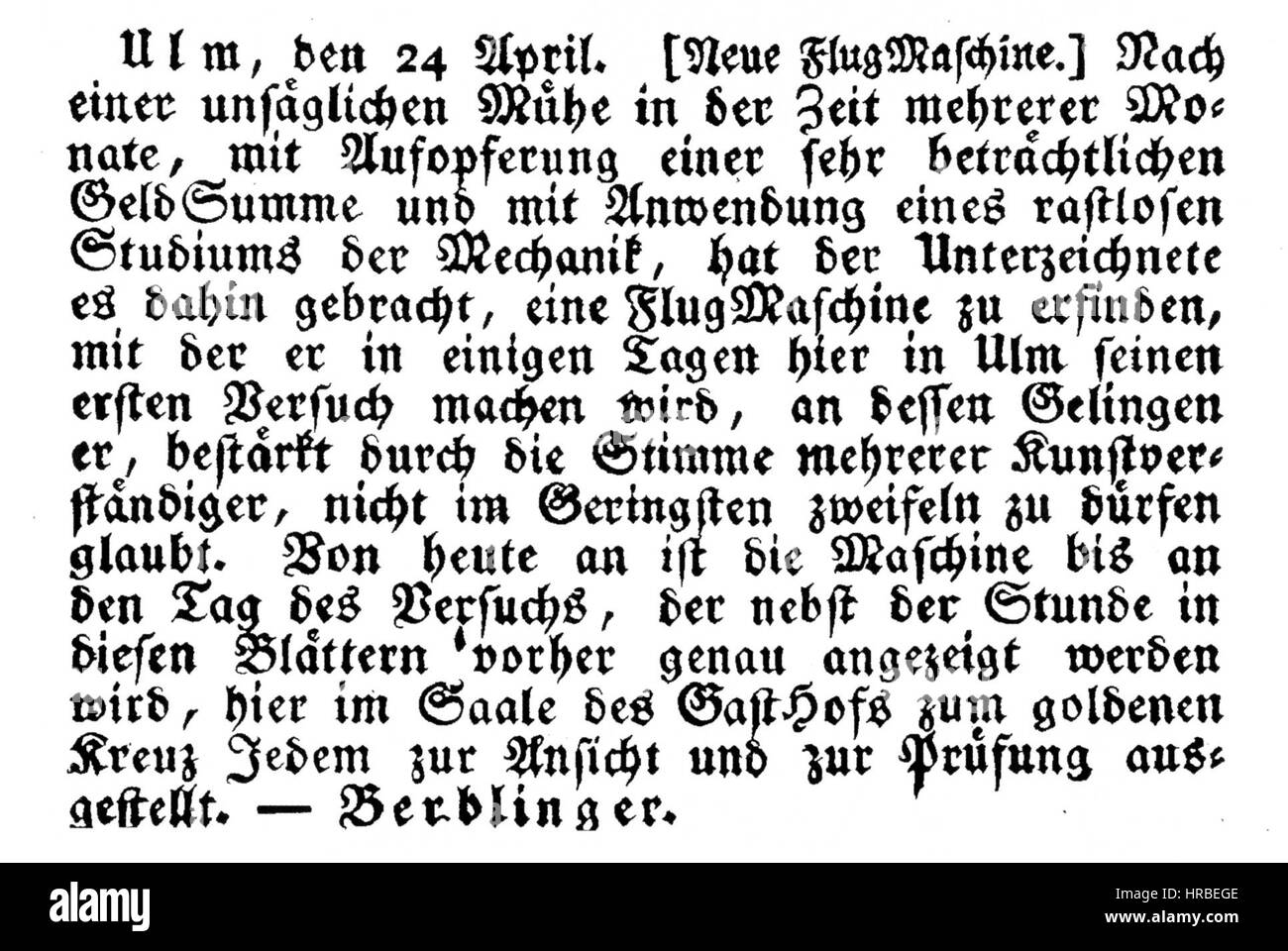 Schneider von Ulm Anzeige 1811-04-24 Stock Photo