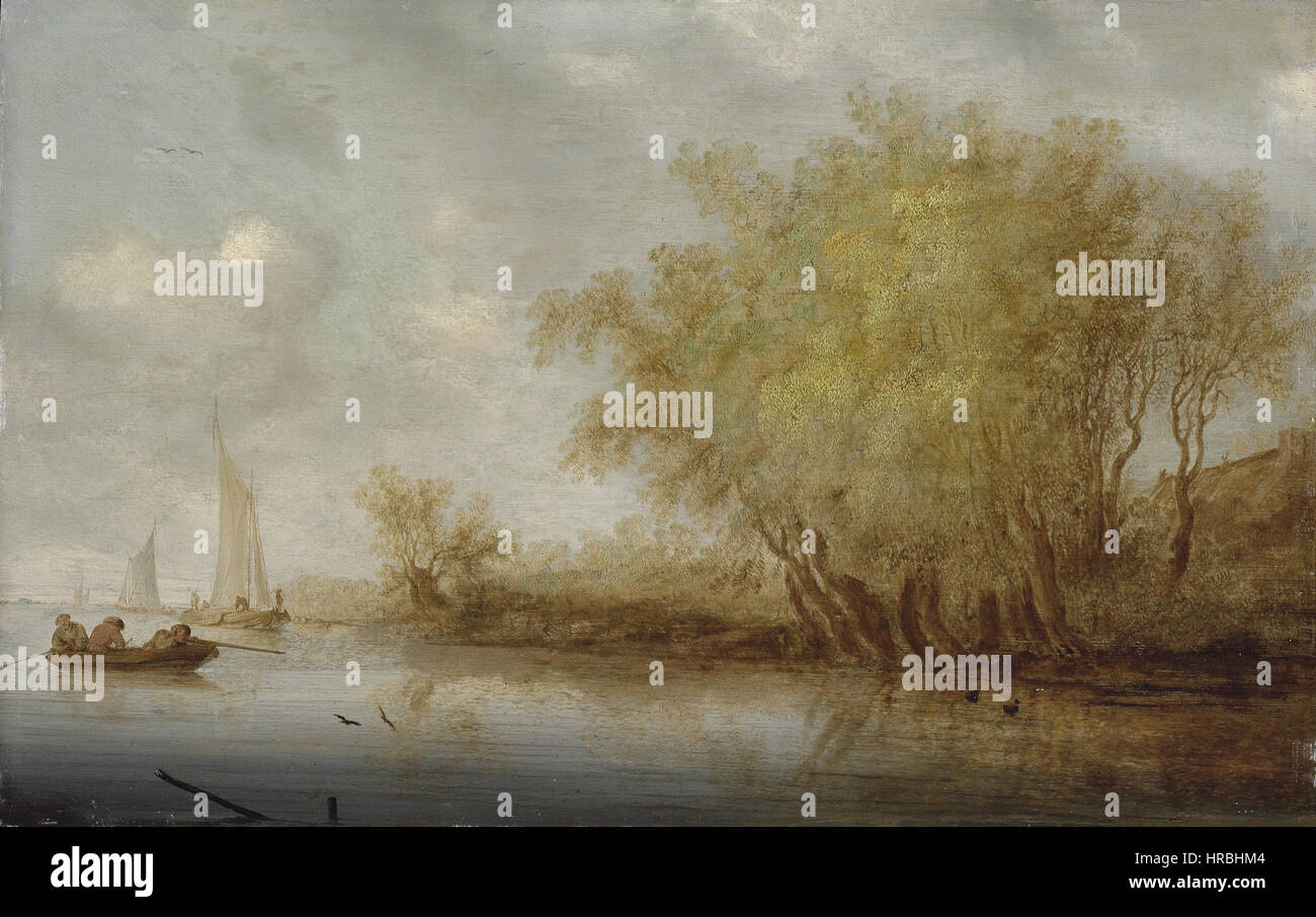 Salomon van Ruysdael - A river landscape with sportsmen shooting duck from a boat Stock Photo