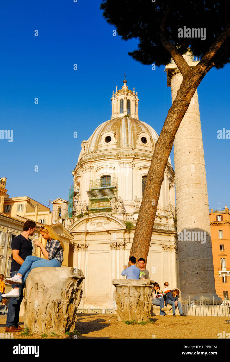 SANTA MARIA DI LORETO CHURCH AND TRAJAN'S COLUMN, ROMAN FORUM, ROME'S HISTORIC CENTER, ITALY. Stock Photo