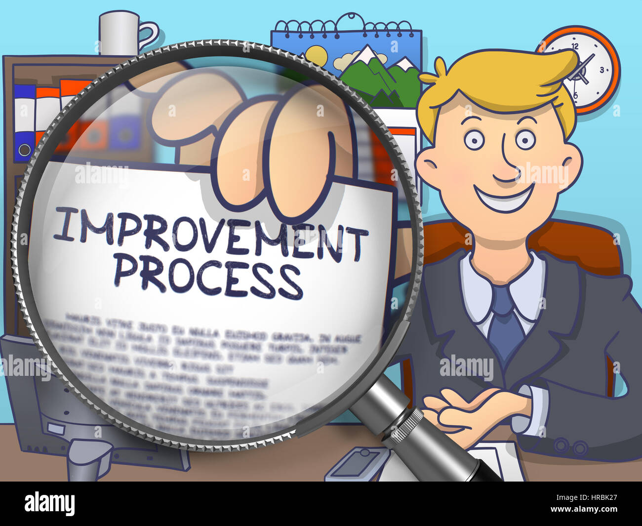Improvement Process through Magnifier. Doodle Concept. Stock Photo