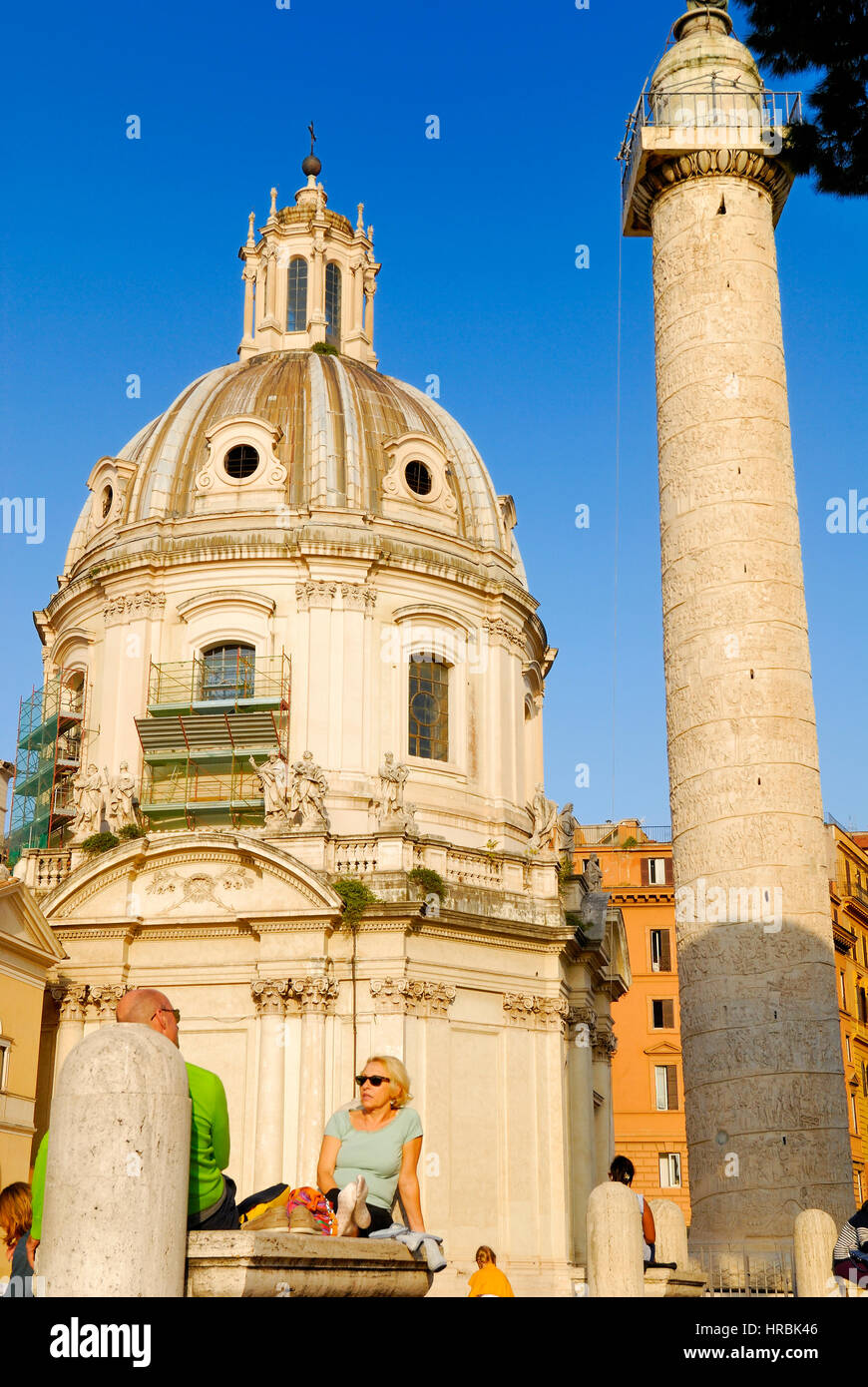 SANTA MARIA DI LORETO CHURCH AND TRAJAN'S COLUMN, ROMAN FORUM, ROME'S HISTORIC CENTER, ITALY. Stock Photo