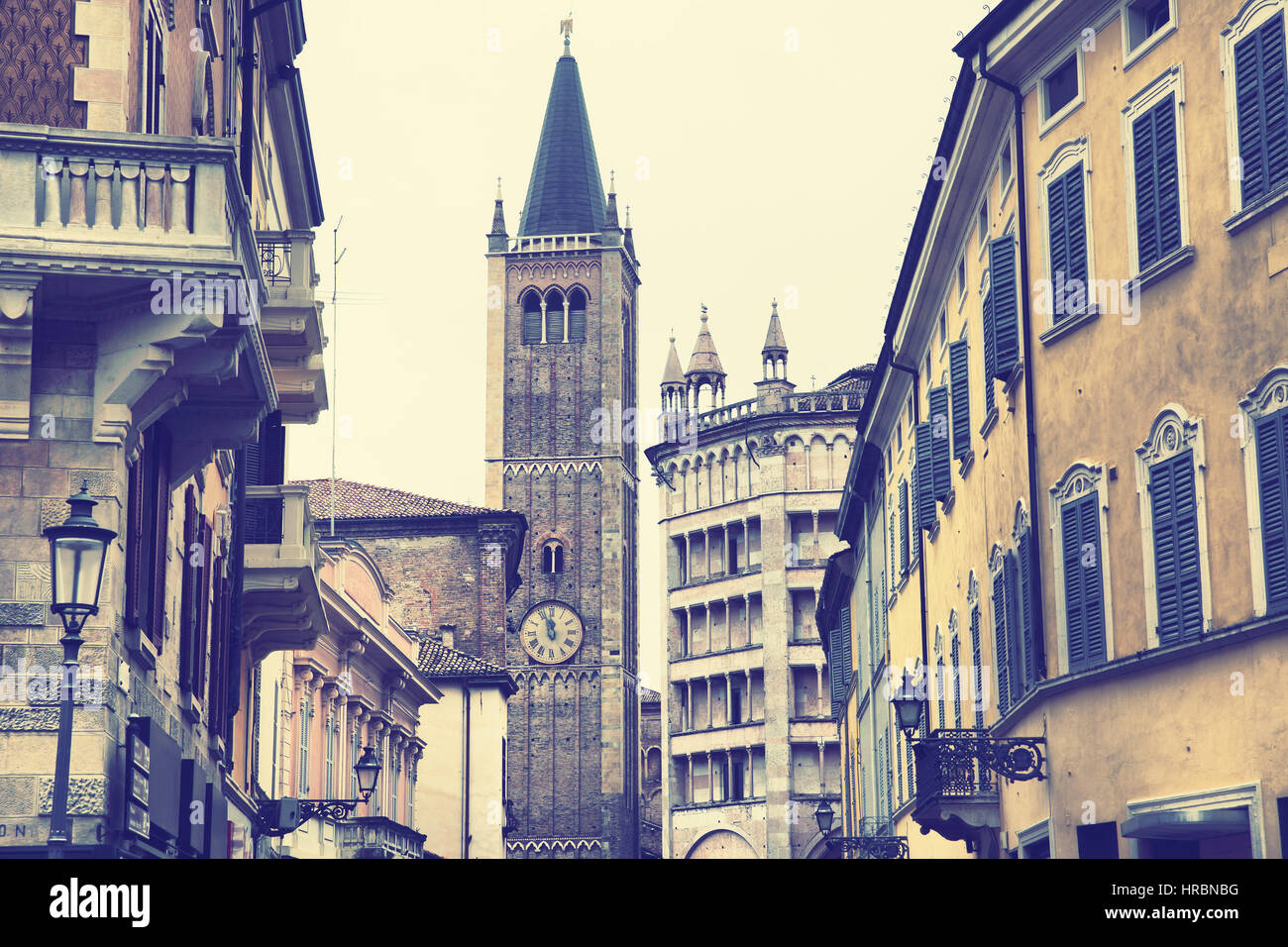 Cathedral (Duomo) and baptistery in Parma, Italy. Retro style filtered image Stock Photo