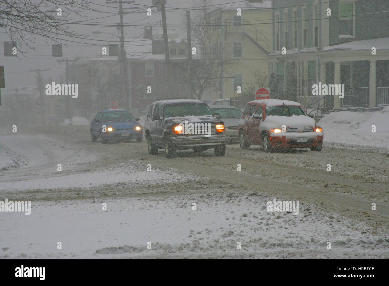 Snowstorm downtown Portland Maine traffic winter storm snow New England