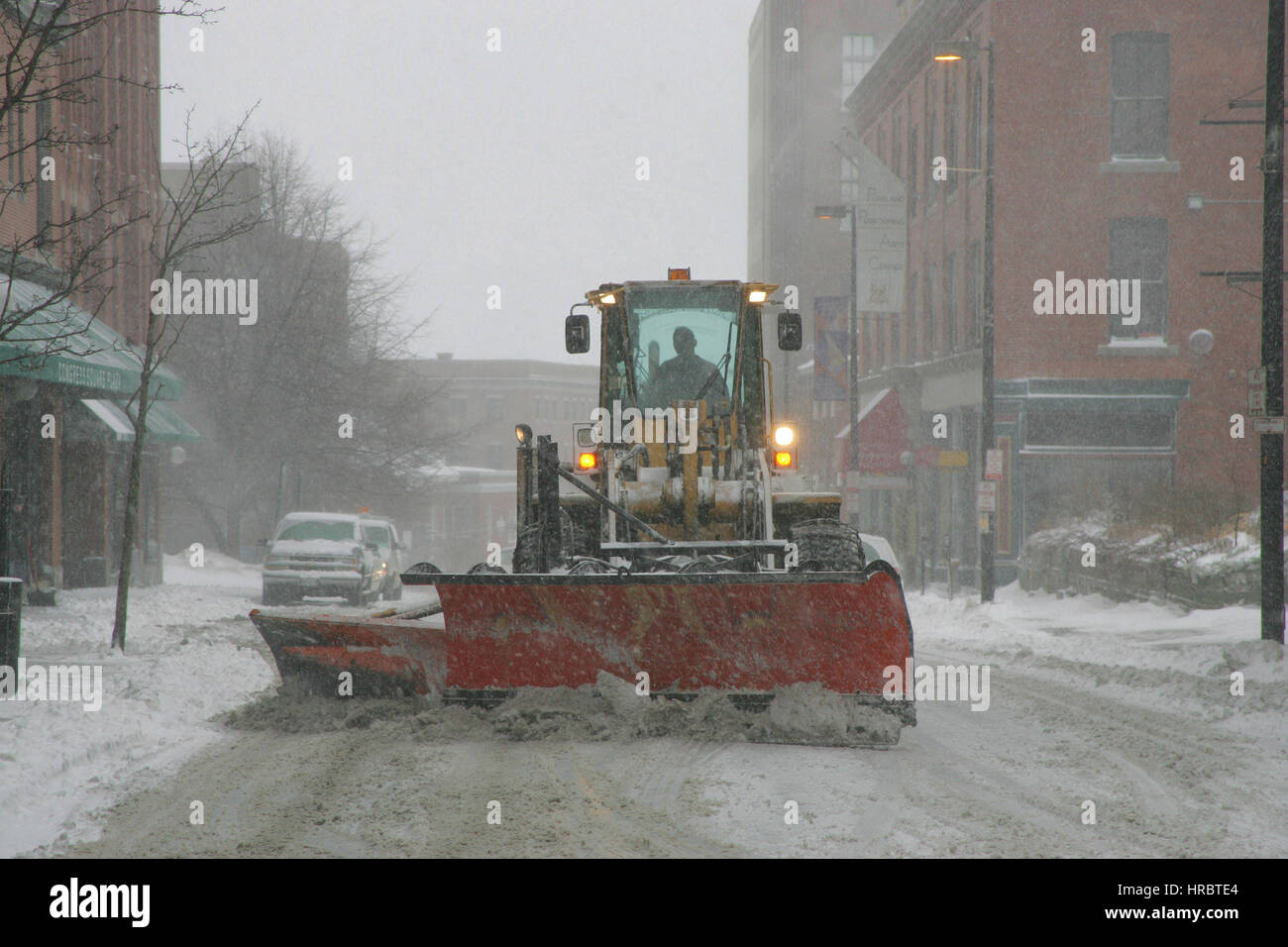 Snowstorm downtown Portland Maine plow winter storm snow New England USA weather cold ice winter