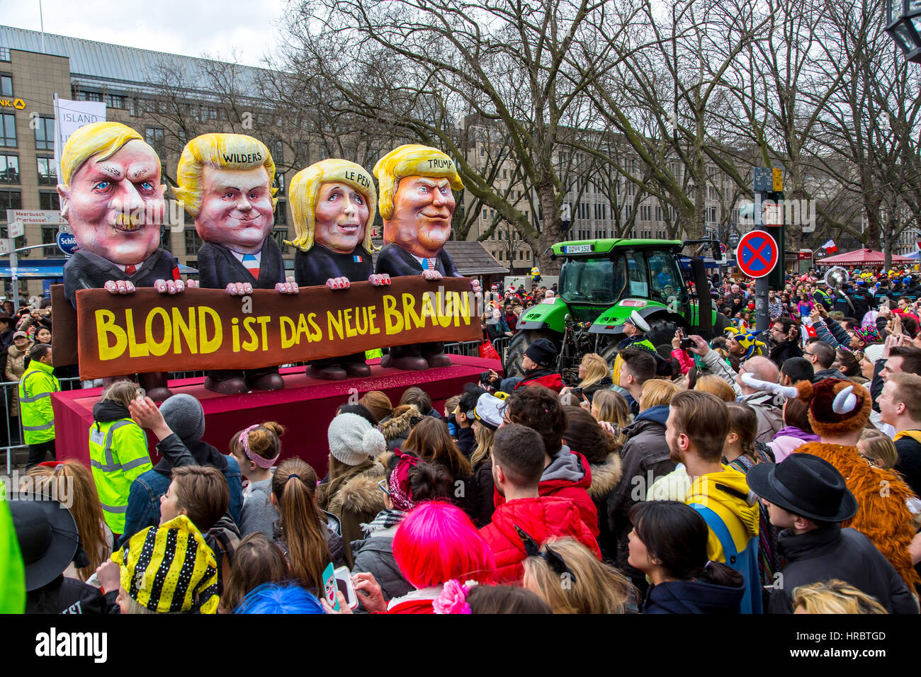 German Carnival parade in DŸsseldorf, Carnival floats designed as political caricatures, Blond is the new Brown, showing right wing politician, Adolf  Stock Photo