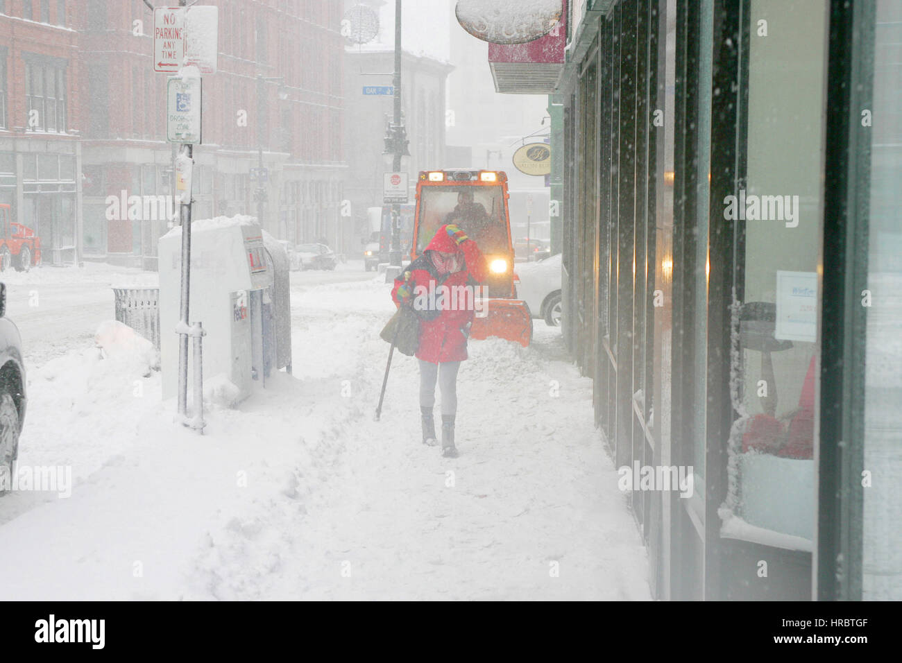 Snowstorm downtown Portland Maine sidewalk plow winter storm snow New