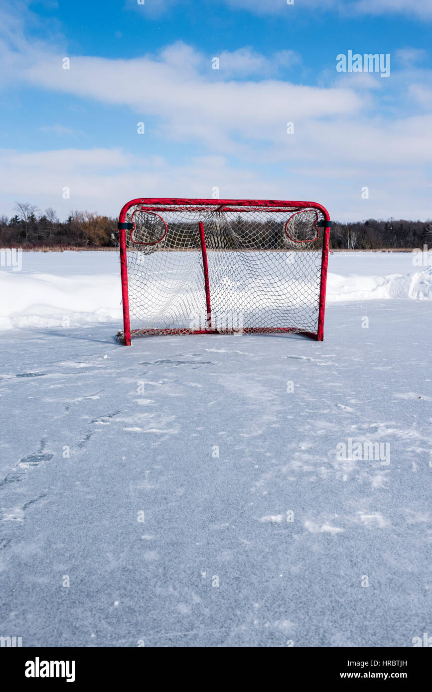 A vertical image of a hockey net with red posts sitting on the ice of a
