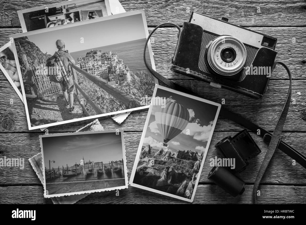 photography concept with old camera and photos Stock Photo