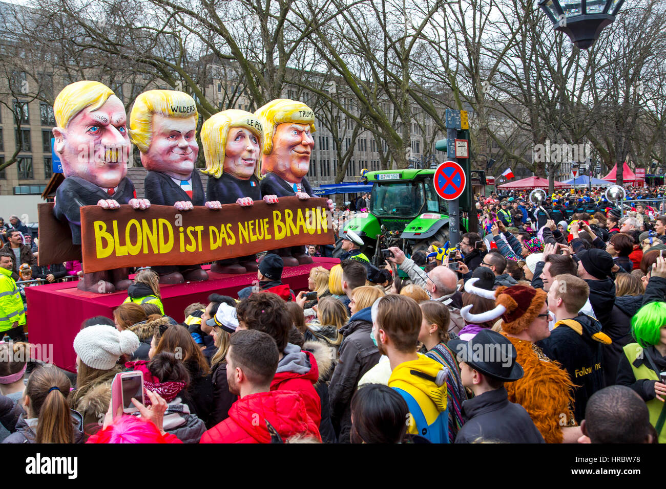 German Carnival parade in DŸsseldorf, Carnival floats designed as political caricatures, Blond is the new Brown, showing right wing politician, Adolf  Stock Photo
