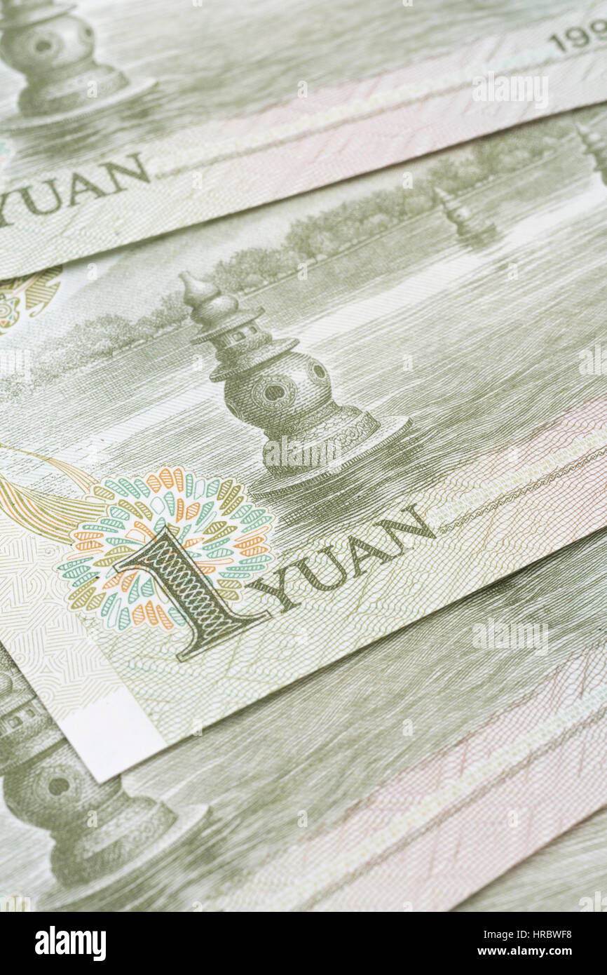 Macro photo detail of Chinese 1 Yuan banknote. For Chinese economy, spending power and consumerism, falling Yuan, Chinese banknote. Stock Photo