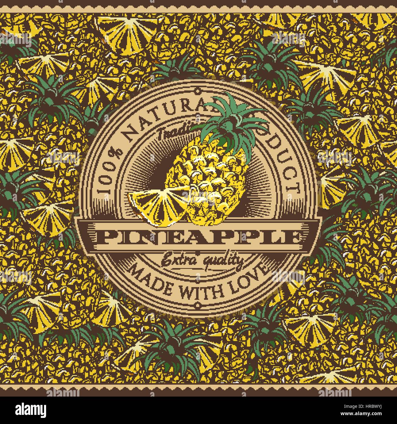 Vintage Pineapple Label On Seamless Pattern Stock Vector Image & Art