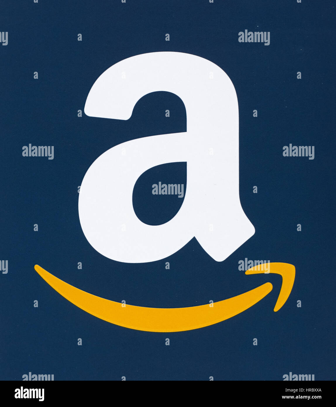 MONTREAL, CANADA - FEBRUARY 28, 2017: Amazon logo printed on a blue paper. Amazon is an American electronic commerce and cloud computing company that  Stock Photo