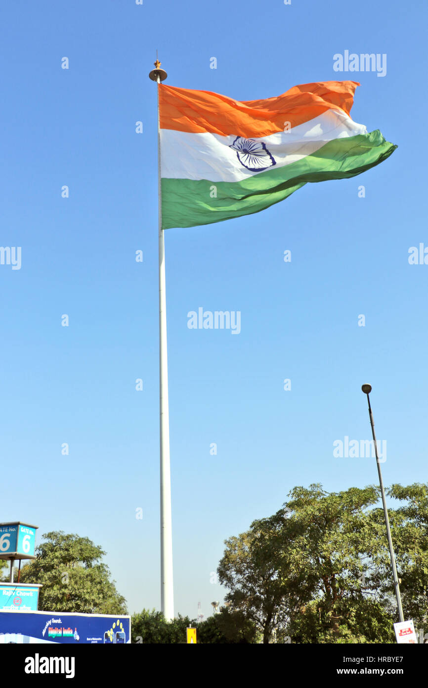 This 60 feet in width and 90 feet in length Tiranga, the national flag of India hoisted at Rajiv Chowk, New Delhi Stock Photo