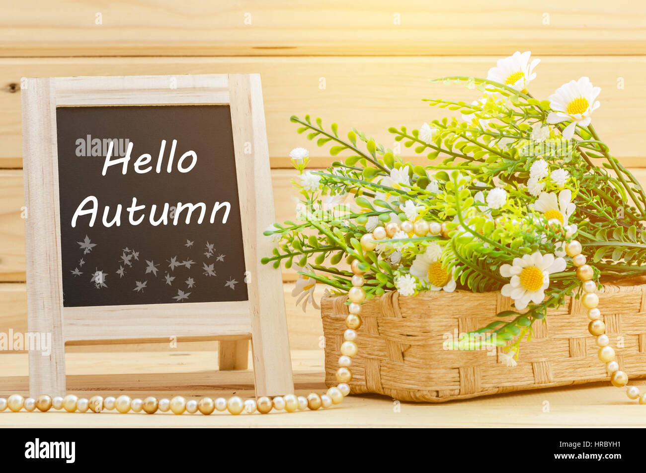 Autumn concept, Hello autumn on chalkboard with flower on wooden room ...