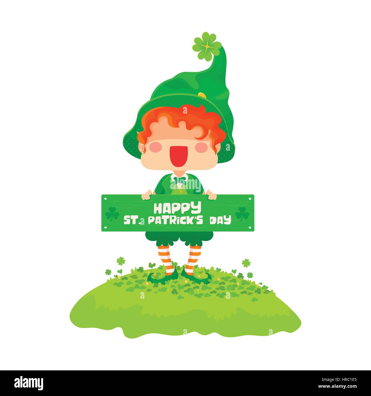 Vector Illustration of St. Patrick's Day Happy Leprechaun with Greeting Sign for Greeting Card Stock Vector