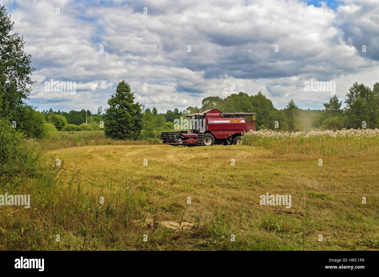Cleaning agricultural field by harvester Stock Photo Alamy