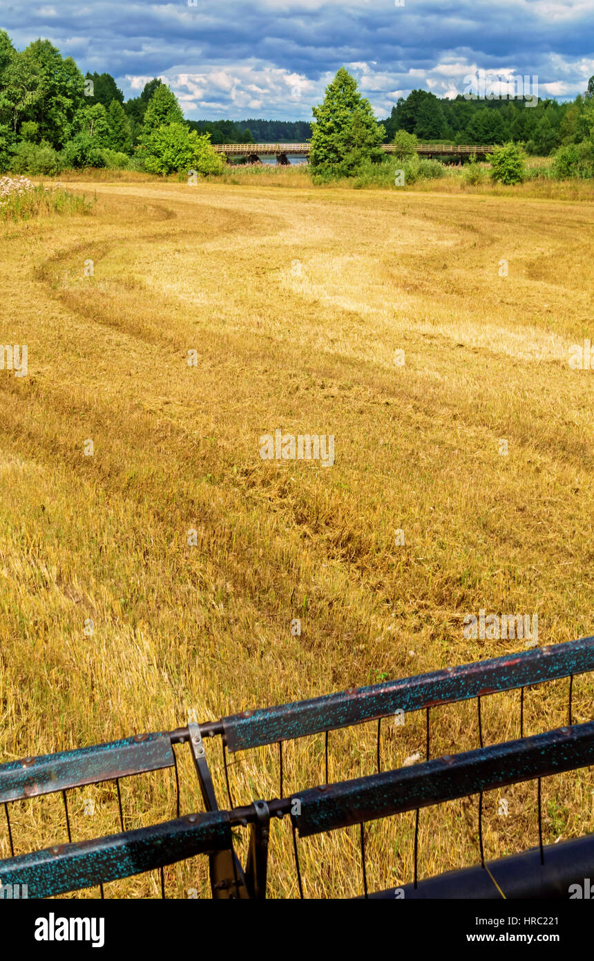 Cleaning agricultural field by harvester Stock Photo Alamy