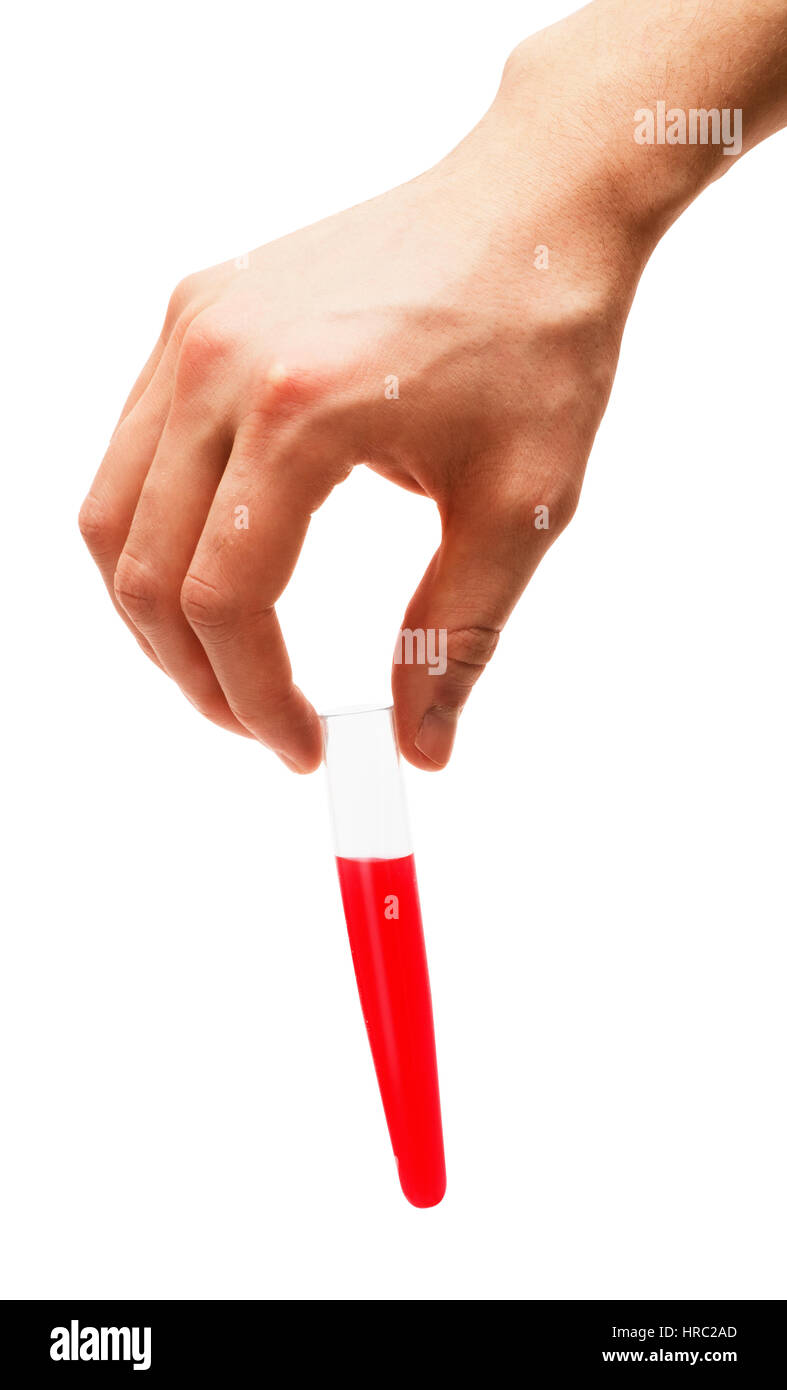 Laboratory test tube with red liquid in a hand isolated on white background Stock Photo