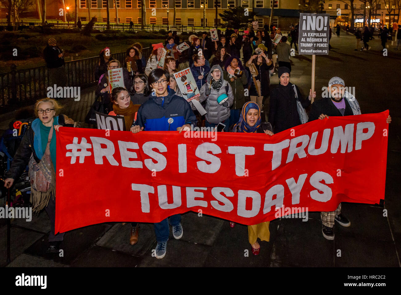 New York, USA. 28th Feb, 2017. Thousands of people gathered at Congressional offices and at town squares across the country to respond to Trump's first address to a joint session of Congress tonight with their own People's Address. In New York City the People's Address event was held at Brooklyn Borough Hall with a 'Cacerolazo!', a form of protest popular in Latin American countries, that consists of a group of people making noise by banging pots, pans and utensils to express dissent (in this case) to Trump's speech that will undermine communities. Credit: PACIFIC PRESS/Alamy Live News Stock Photo