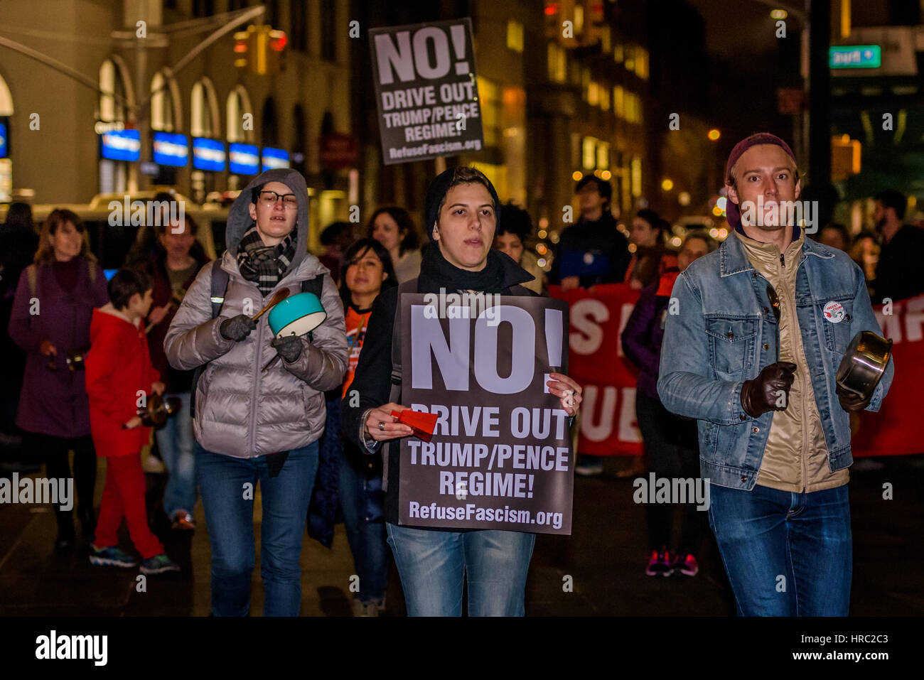 New York, USA. 28th Feb, 2017. Thousands of people gathered at Congressional offices and at town squares across the country to respond to Trump's first address to a joint session of Congress tonight with their own People's Address. In New York City the People's Address event was held at Brooklyn Borough Hall with a 'Cacerolazo!', a form of protest popular in Latin American countries, that consists of a group of people making noise by banging pots, pans and utensils to express dissent (in this case) to Trump's speech that will undermine communities. Credit: PACIFIC PRESS/Alamy Live News Stock Photo