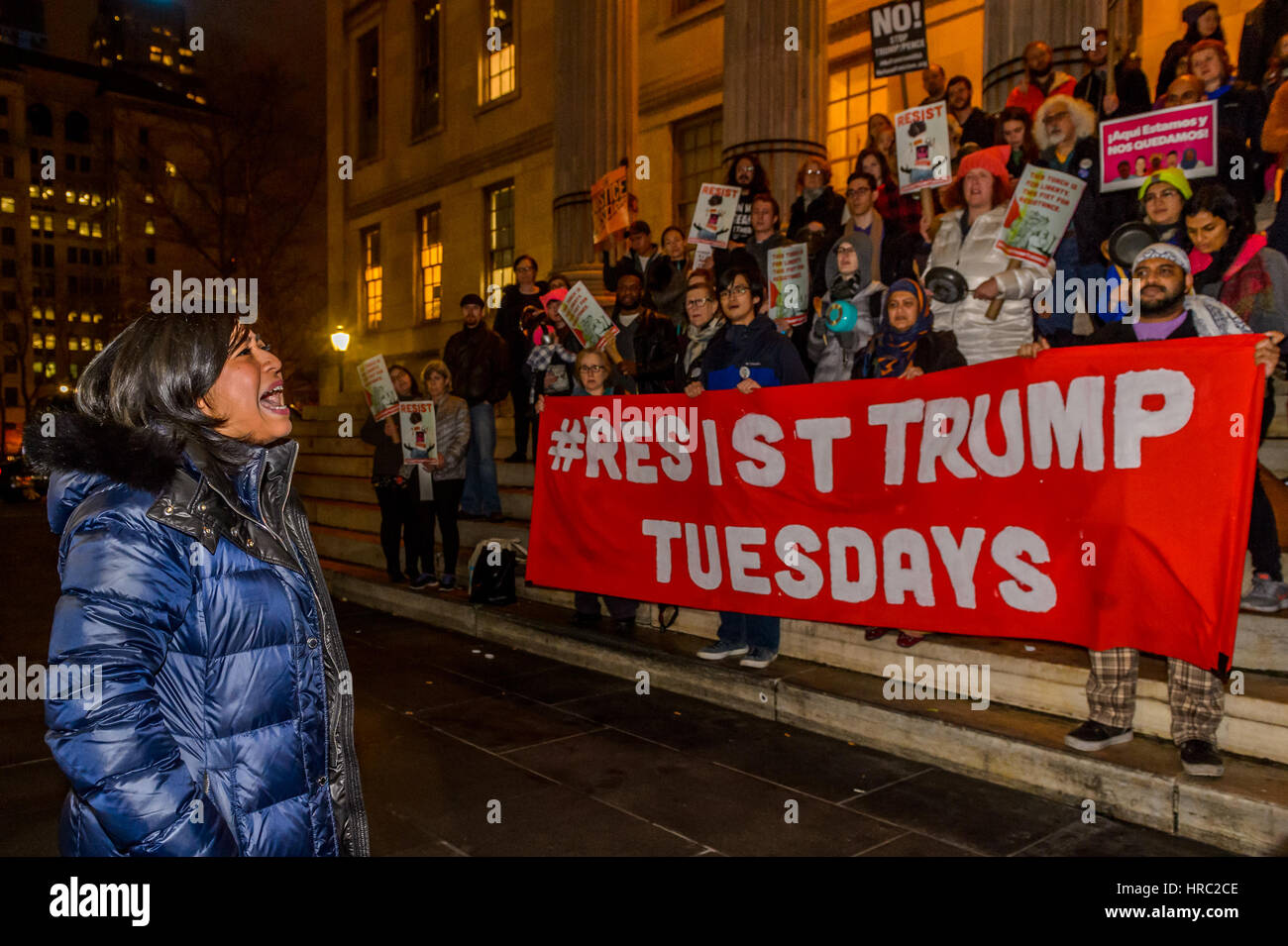 New York, USA. 28th Feb, 2017. Thousands of people gathered at Congressional offices and at town squares across the country to respond to Trump's first address to a joint session of Congress tonight with their own People's Address. In New York City the People's Address event was held at Brooklyn Borough Hall with a 'Cacerolazo!', a form of protest popular in Latin American countries, that consists of a group of people making noise by banging pots, pans and utensils to express dissent (in this case) to Trump's speech that will undermine communities. Credit: PACIFIC PRESS/Alamy Live News Stock Photo