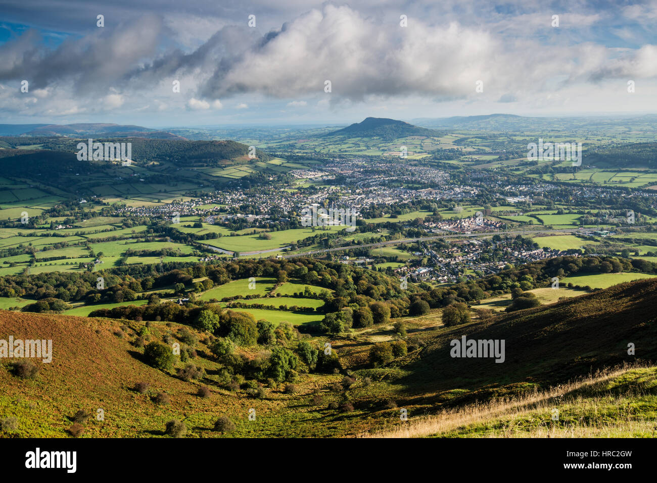 A summer view of Abergavenny from the Blorenge, Brecon Beacons National Park, Wales, UK Stock Photo